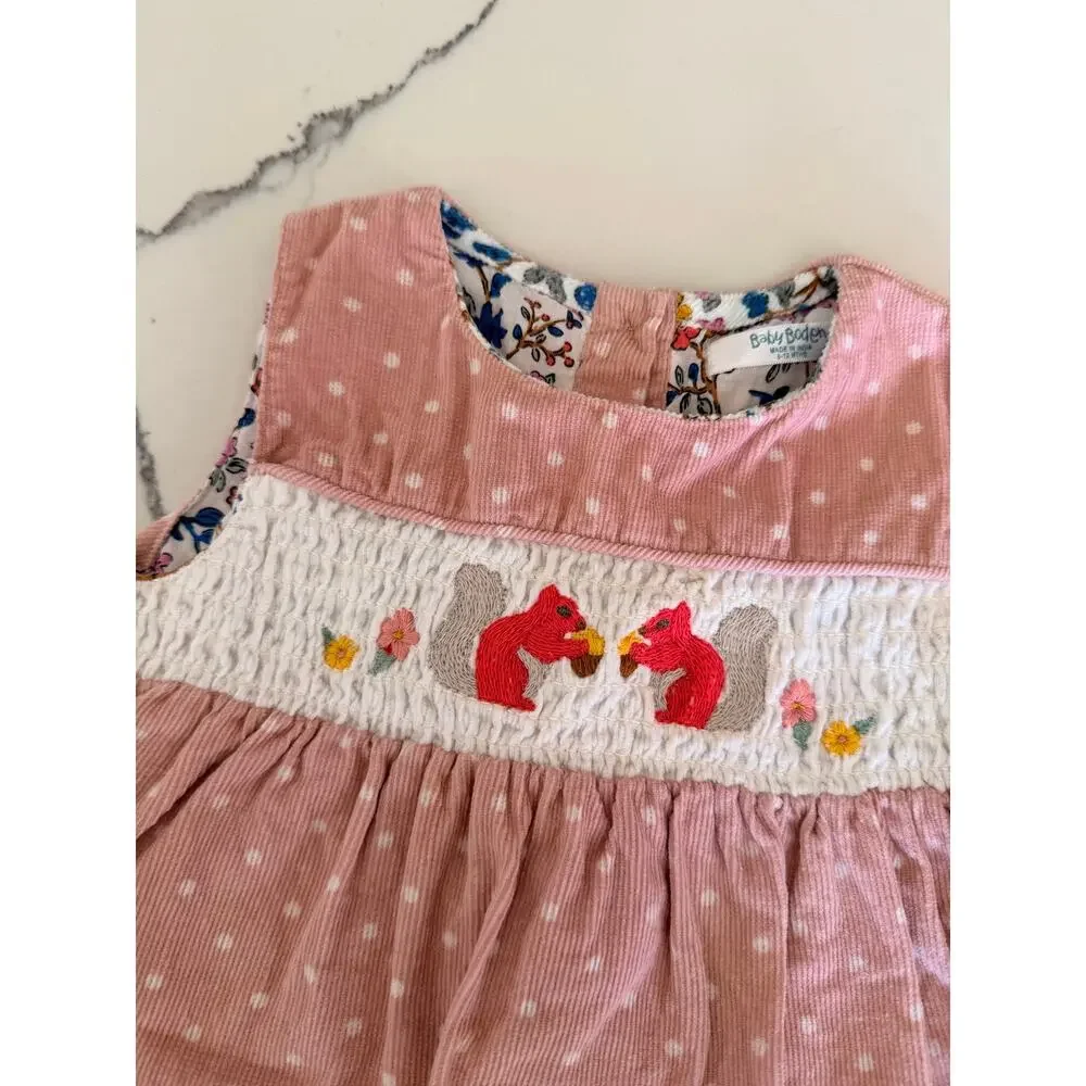 Baby Boden Pink Smocked Squirrel Corduroy Pinafore Dress 6-12M